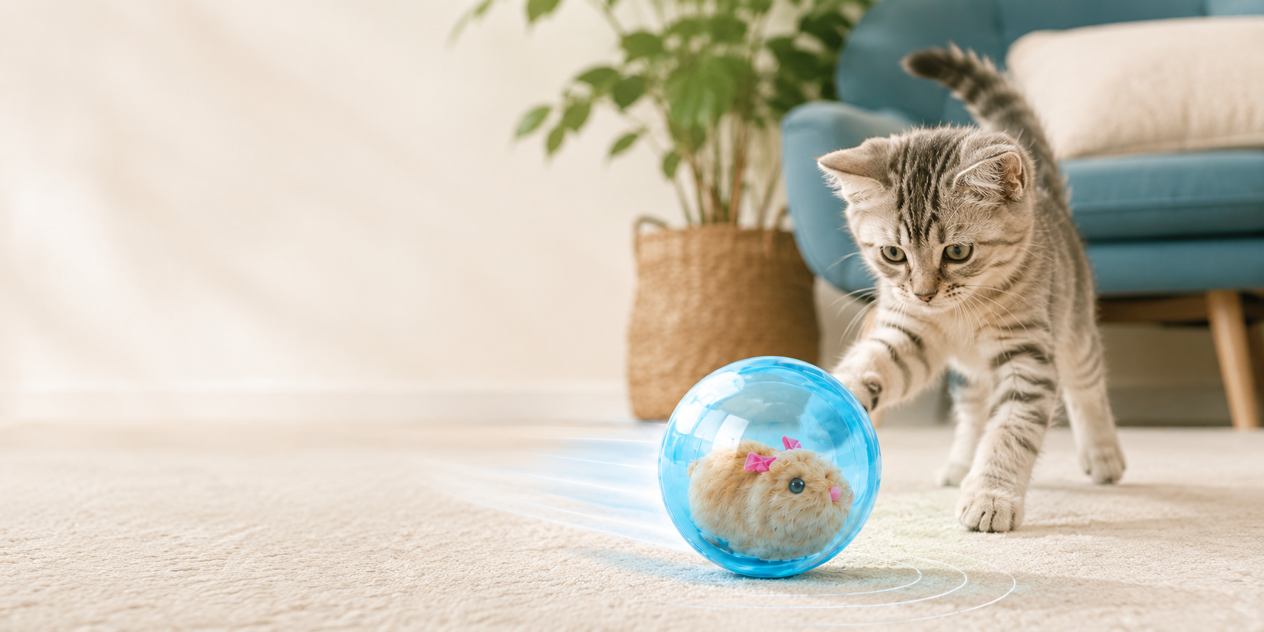 A curious indoor cat playing with an interactive rolling ball toy